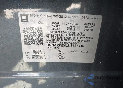 2019 Chevrolet Equinox Lt из США, поврежденный, VIN 3GNAXKEV1KS537446